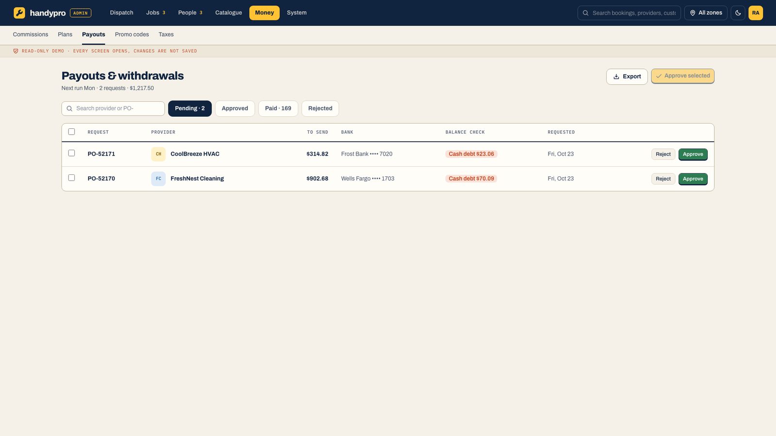 Payouts page